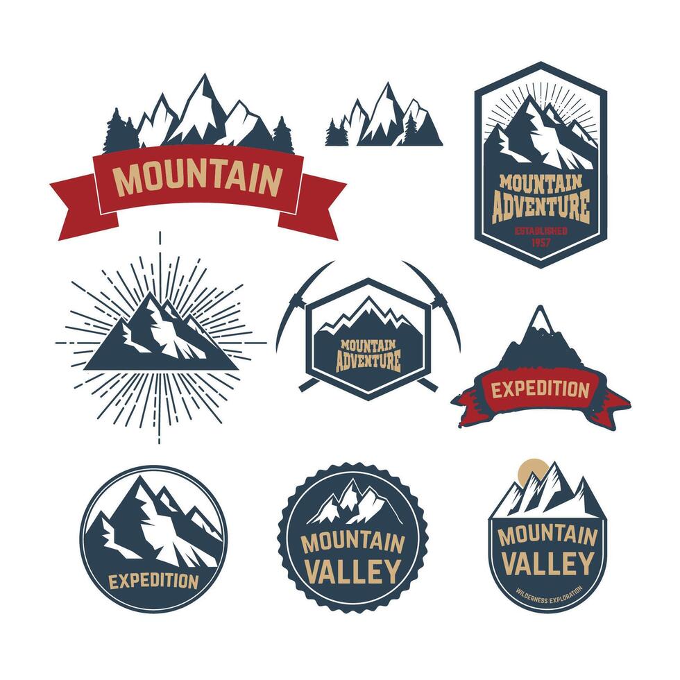Set of the mountain exploration labels, emblems and design elements. labels with mountains, trees, ice axe. Adventure, outdoor activity symbols. vector
