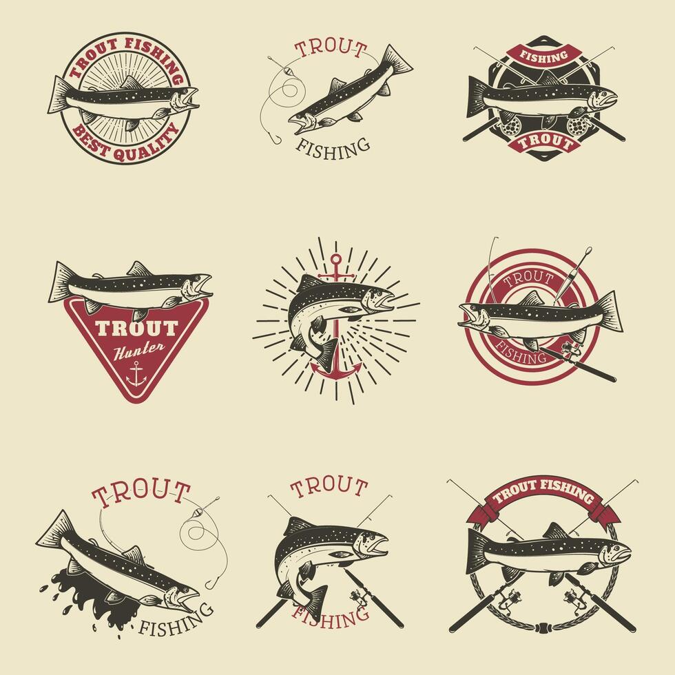Set of trout fishing labels. Fishing club, team emblems templates. illustration. vector