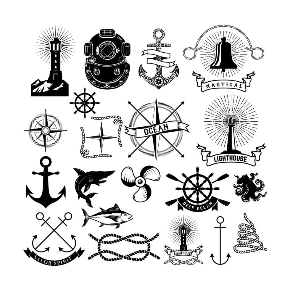 pack of nautical elements. Rope swirls, logos and badges vector