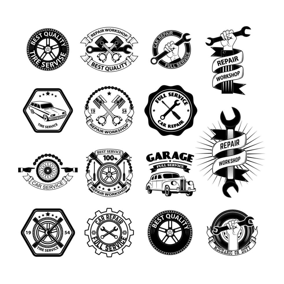 Logo for repair workshop. Emblem mechanics. Tools mechanics - open-end wrench, adjustable wrench. Hand with a spanner. Logo workshop in the old school style. vector