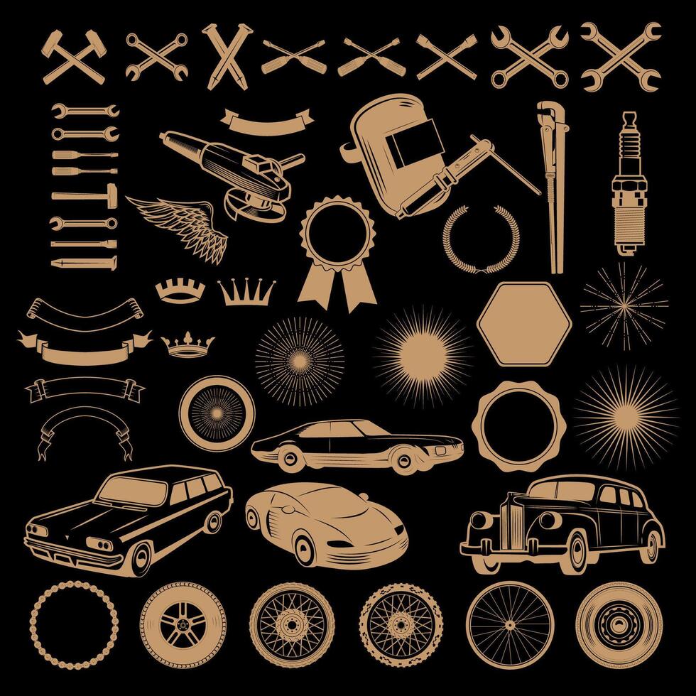 Car service logo generator. Set of design elements for car service, car wash, auto parts store, car rental, vintage cars store. design elements isolated on black background.. vector