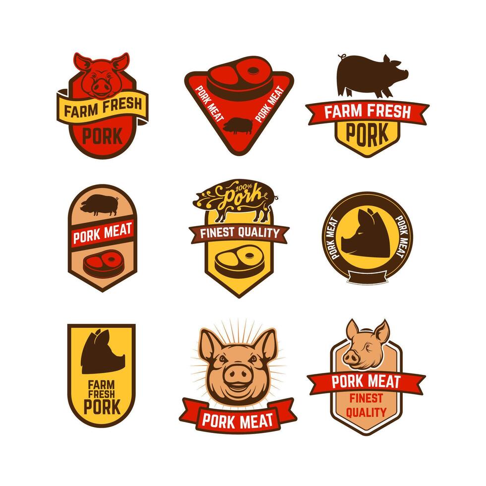 Pork meat, butcher shop labels. Design element for logo, label, emblem, sign, mark. illustration. vector