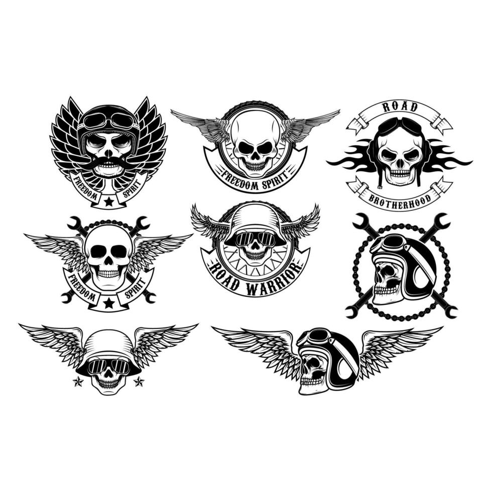 Set of motorcycle club labels templates.Skulls in motorcycle helmets with wings. Design elements for logo, label, emblem, sign, badge. illustrations. vector