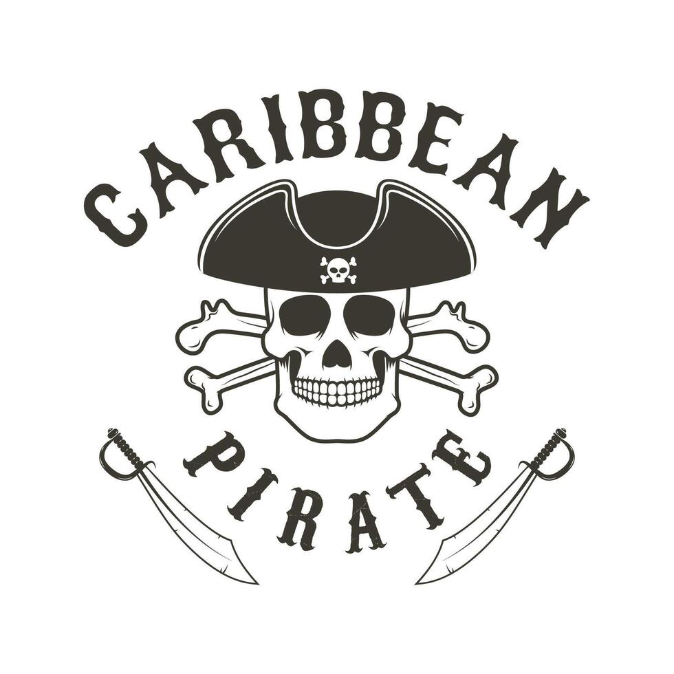 Caribbean pirate. Pirate skull in admiral headdress and swords. Design element for logo, label, emblem, sign. illustration. vector