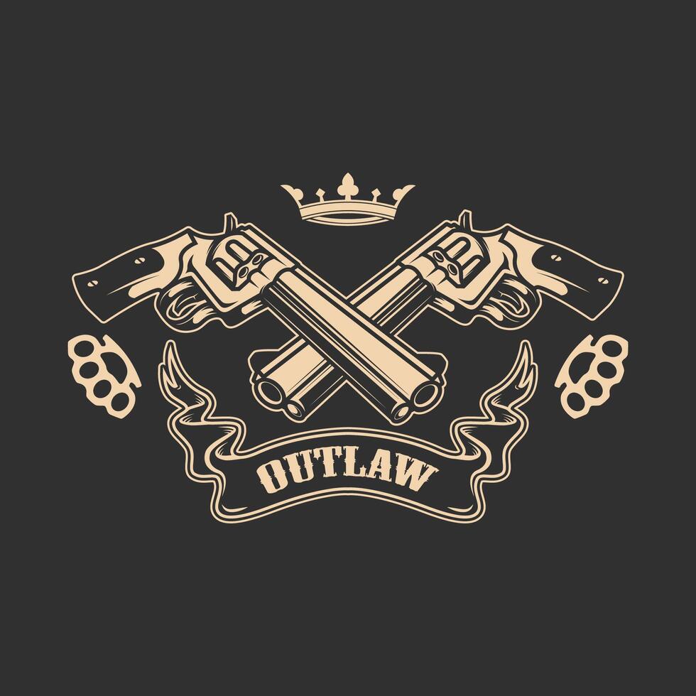 Outlaw. Two revolvers on grunge background. T-shirt print template. vector