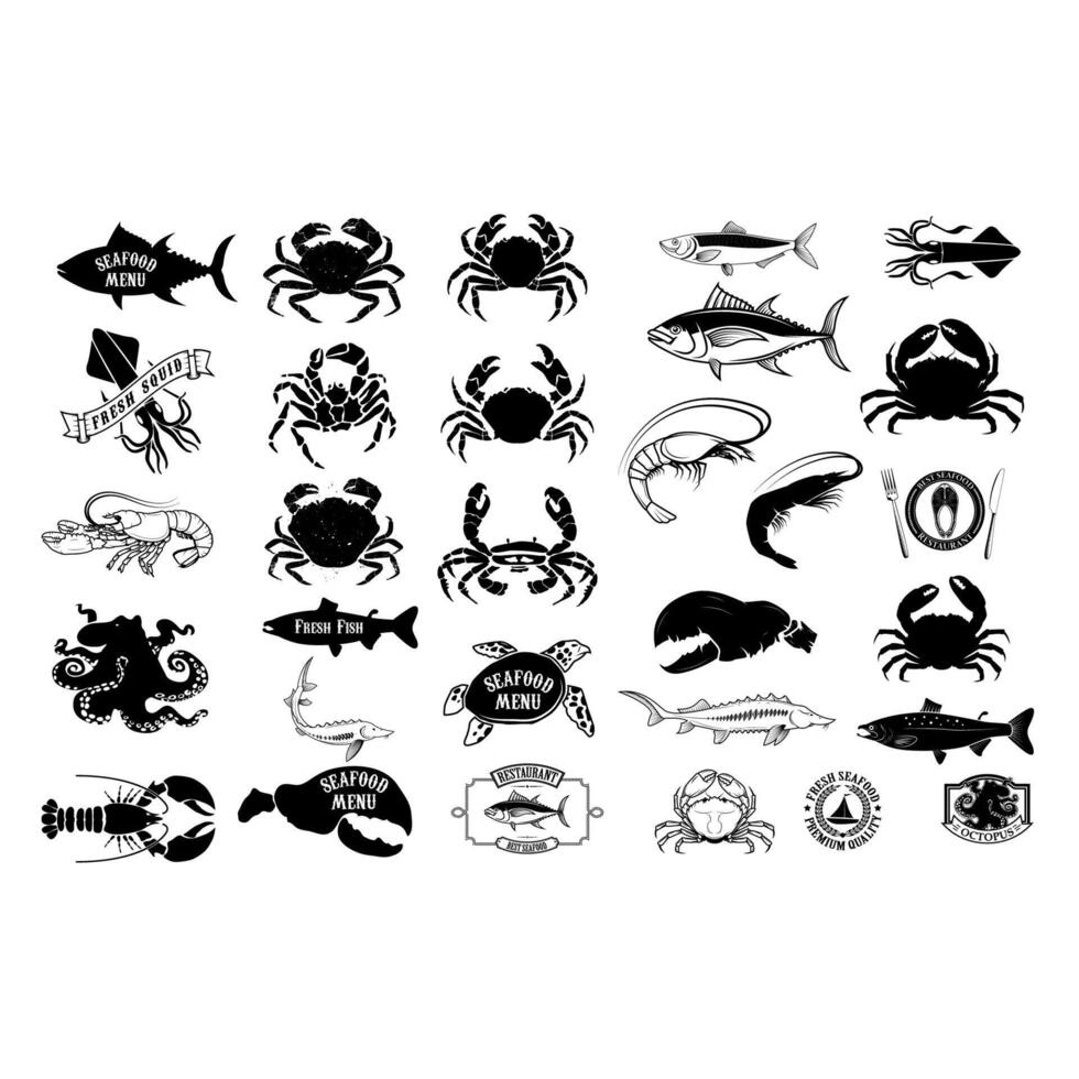 seafood menu labels set. Design elements for logo, label, emblem, sign, brand mark, restaurant menu, poster. illustration. vector