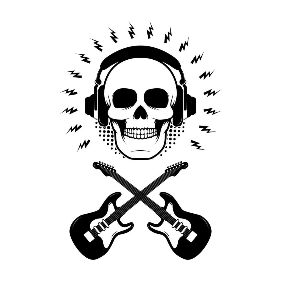 Skull in headphones with two crossing guitars on grunge background. Design element for poster, t-shirt print, emblem, badge, sign. vector