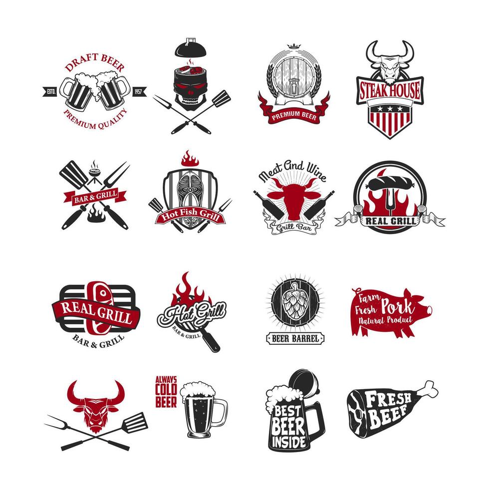 Set of the grill, barbecue, fresh beer, steak house labels and emblems. Meat and wine. Hot grill. Draft beer. Real grill. vector