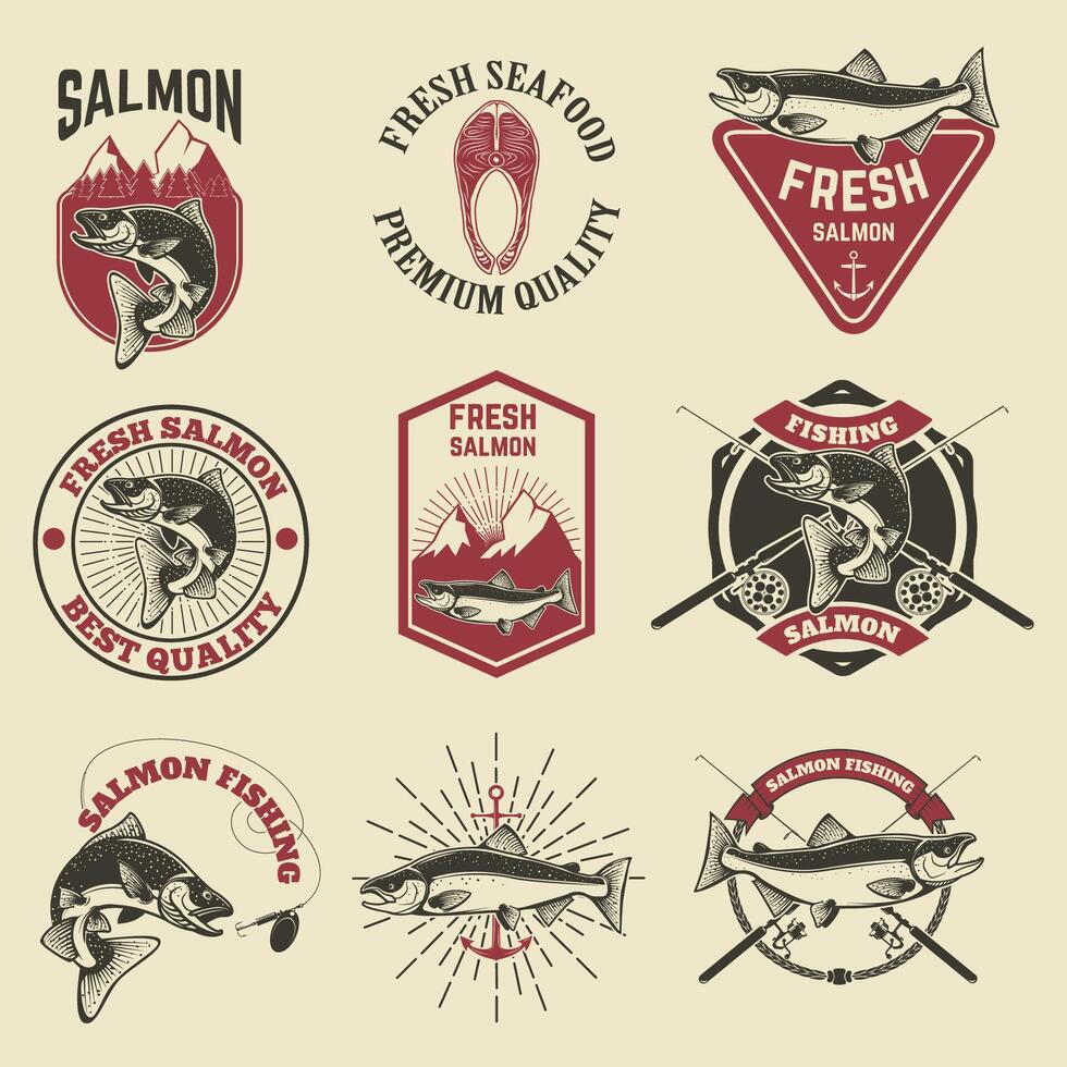 Set of vintage labels with salmon fish. Salmon fishing, salmon meat. Design elements for label, emblem for fishing club. illustration. vector