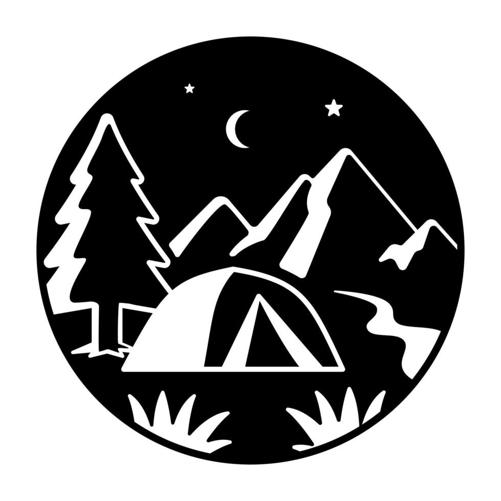 Nighttime camping painting in a circle frame vector