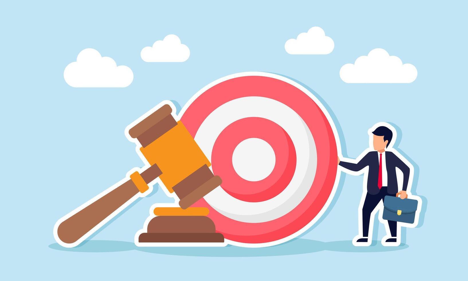 A businessman stands beside a target board and a gavel, illustration of legal assurance in securing business targets vector