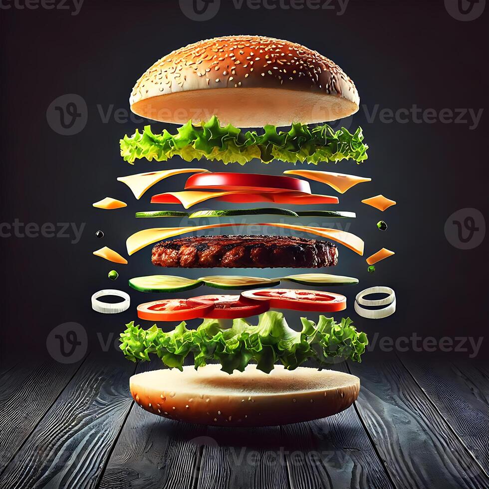 Floating Burger with Ingredients Isolated on Black Wooden Background photo