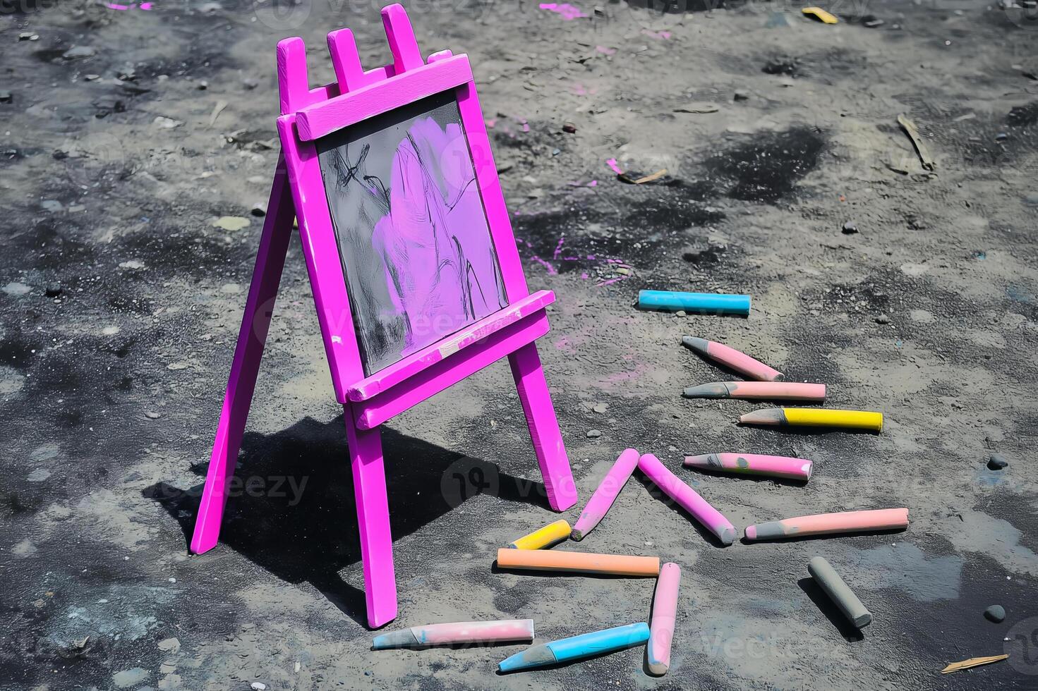an easel painted in bright baby pink holds a canvas featuring a charcoal drawing accented with soft pastel colors. the ground is scattered with charcoal sticks and chalks photo