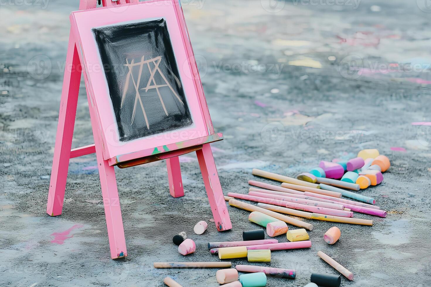 an easel painted in bright baby pink holds a canvas featuring a charcoal drawing accented with soft pastel colors. the ground is scattered with charcoal sticks and chalks photo