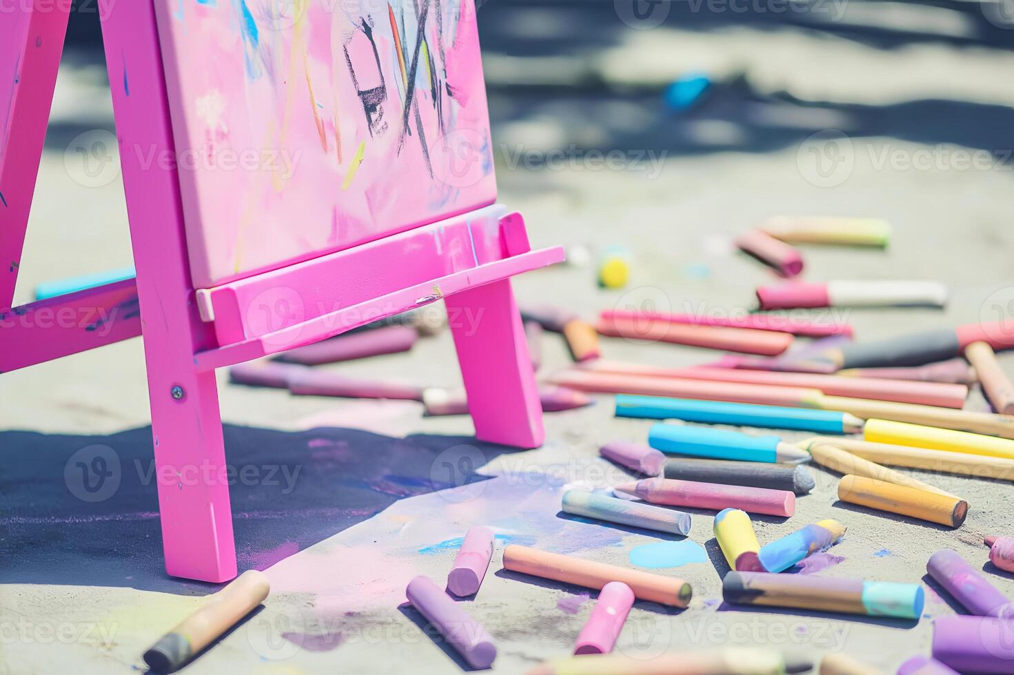 an easel painted in bright baby pink holds a canvas featuring a charcoal drawing accented with soft pastel colors. the ground is scattered with charcoal sticks and chalks photo