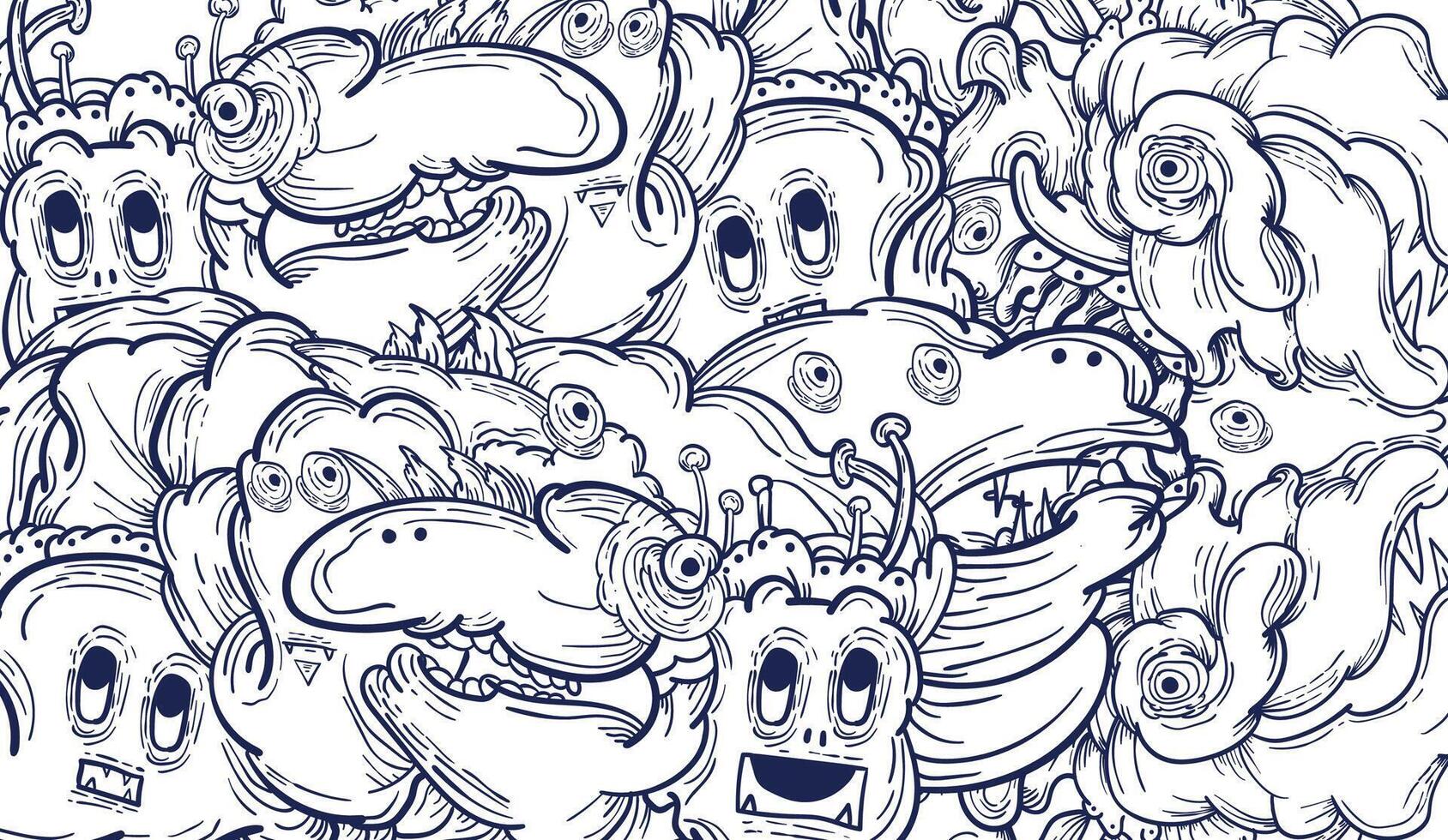 Doodle art pattern design in black and white brush style. It shows odd creatures interacting to give shape to new ones. The seamless design aligns in a mirrored way following two symmetrical axes vector