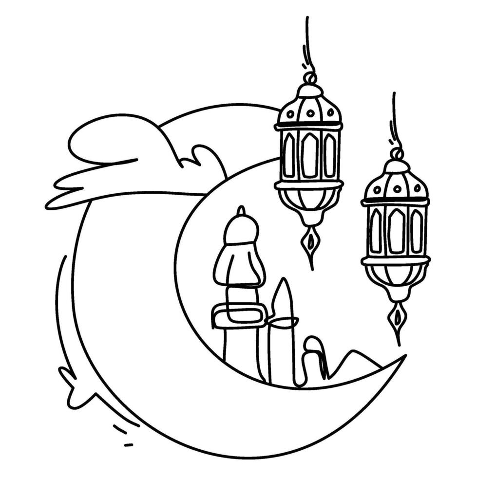 Minimalist Islamic art with crescents, mosques, and lanterns. Beautifully detailed for Ramadan, Eid celebrations, or cultural design projects vector