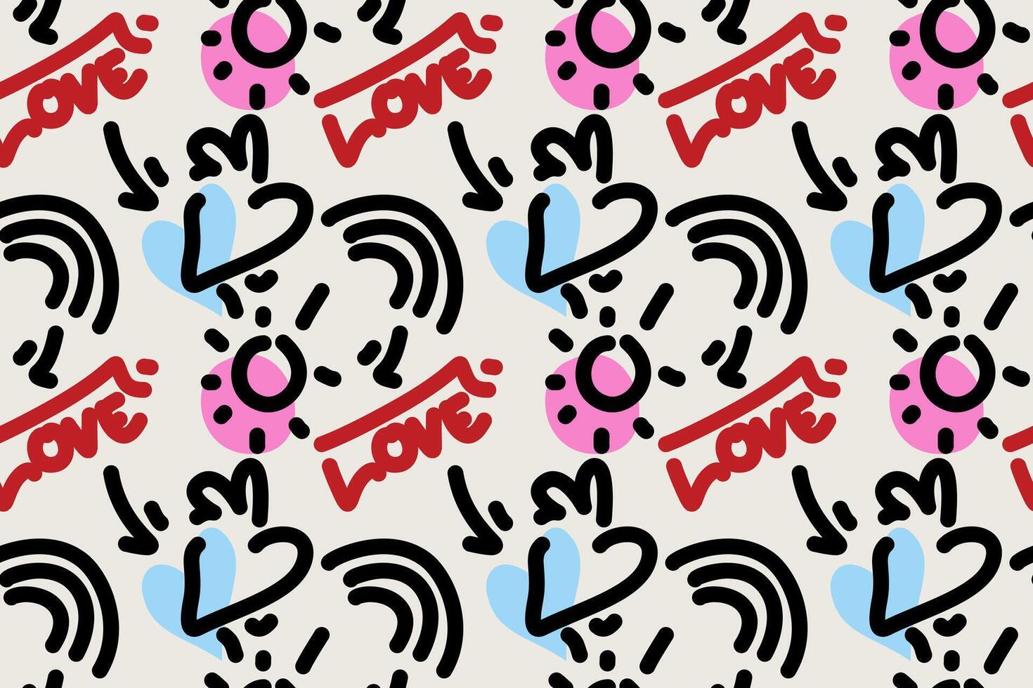 This of seamless patterns features playful designs with romantic elements, including doodled hearts, lips, and love typography vector