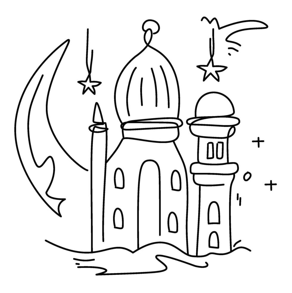 Intricate mosque and crescent moon line illustrations with hanging lanterns. Ideal for greeting cards, posters, and Islamic holiday decorations vector