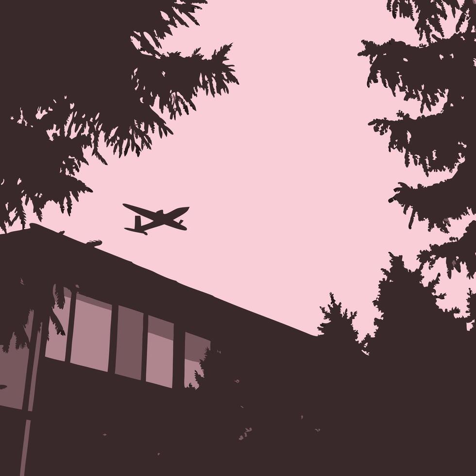 Airplane Flying Over Building at Dusk vector