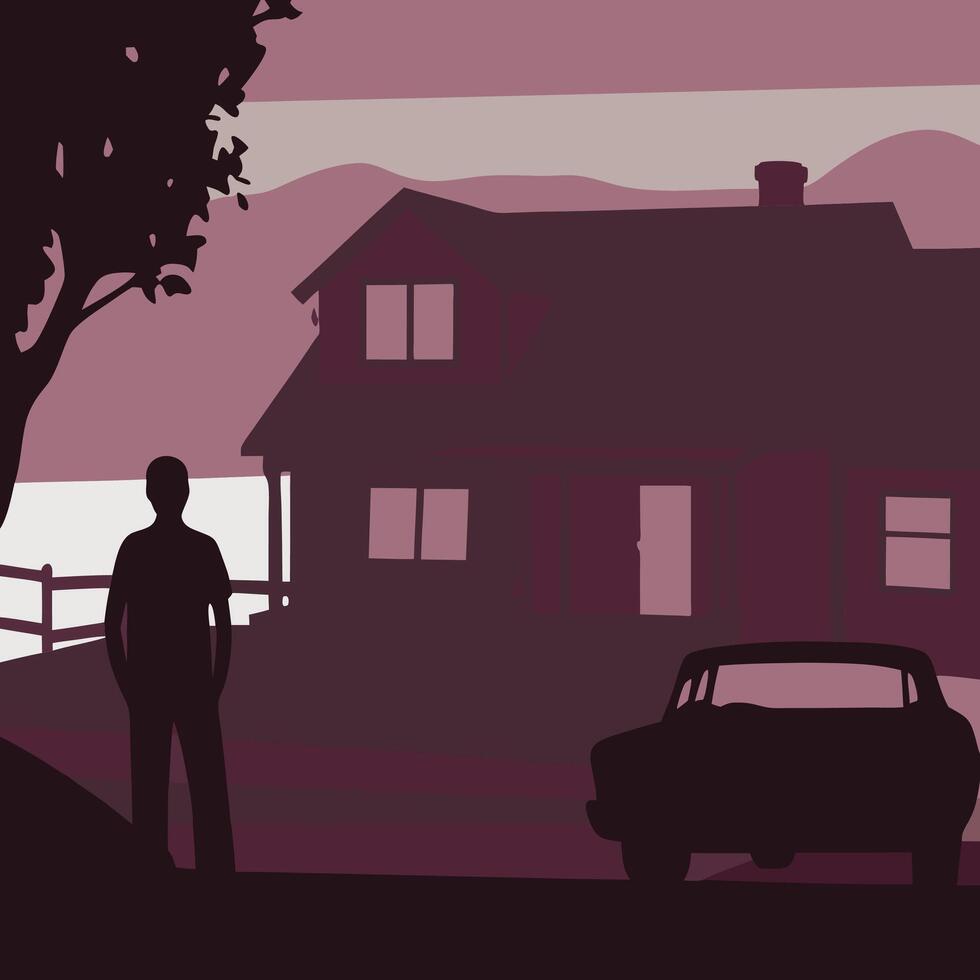 Suburban House, Car, and Man Silhouette at Dusk vector