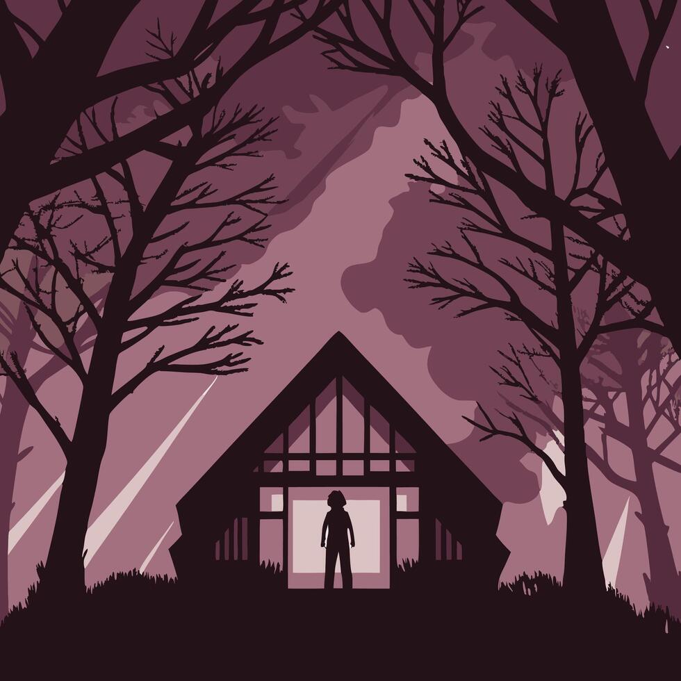 Silhouette of Person in Cabin Doorway, Forest, Dusk vector