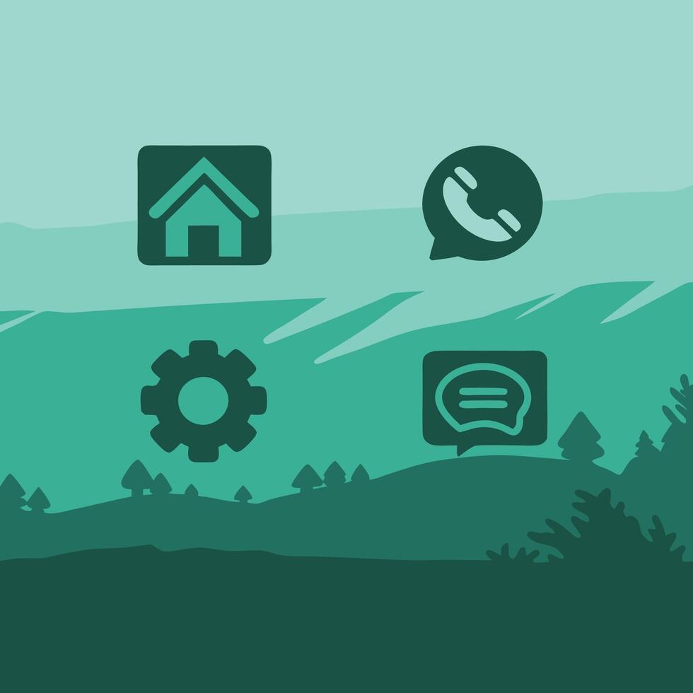 Home, Phone, Settings, and Message Icons Over a Stylized Green Landscape vector