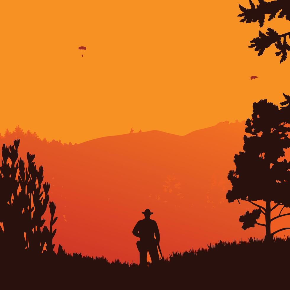 Silhouette of a Person at Sunset in a Mountainous Landscape vector