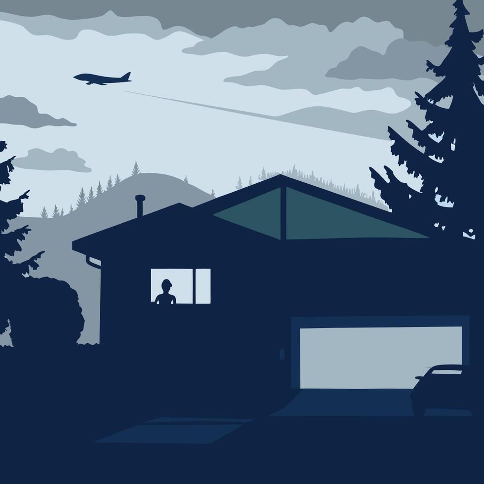 Watching Plane Fly Over House, Car, Trees, and Mountains vector