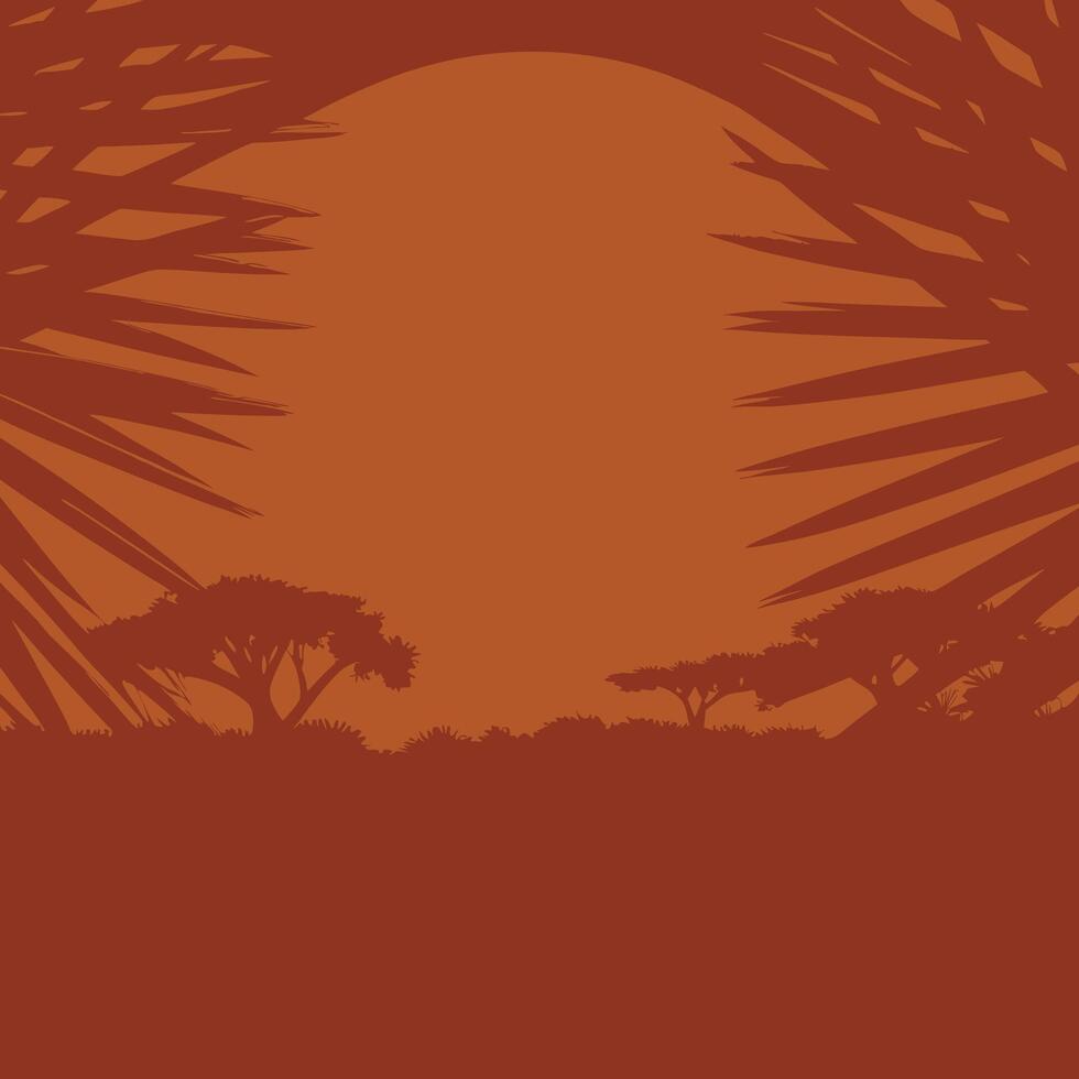 Sunset Landscape with Trees and Palm Leaves Silhouette vector