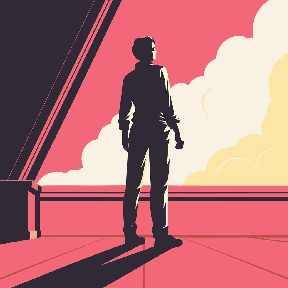 Contemplation on the Balcony Silhouette, Sunset, Clouds, Sky, View, Shadow, Pink, Balcony, Solitude, Hope vector