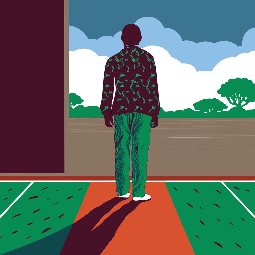 Contemplation A Figure at the Edge of a Green Field vector