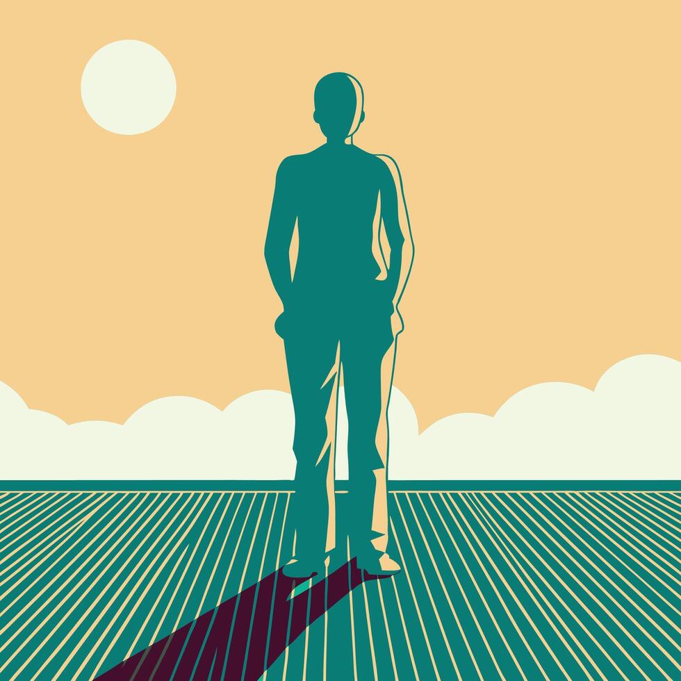 Person Standing on Striped Ground with Sun and Clouds vector