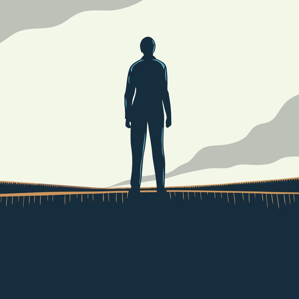 Silhouette Standing Alone in Field Contemplation, Solitude, Nature vector
