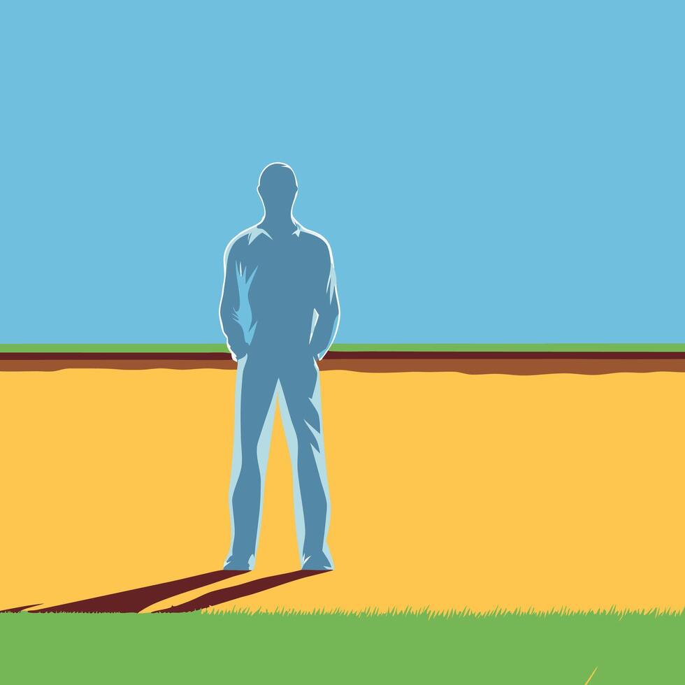 Man, Standing, Ground, Grass, Shadow, Sky, Minimalist, Landscape, Figure, Blue vector