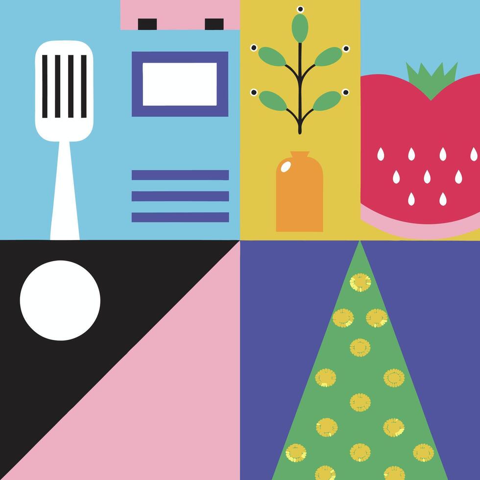 Geometric Kitchen Still Life with Fruit and Plant vector