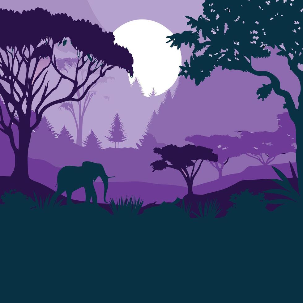 Elephant Silhouette in Purple Forest Landscape vector