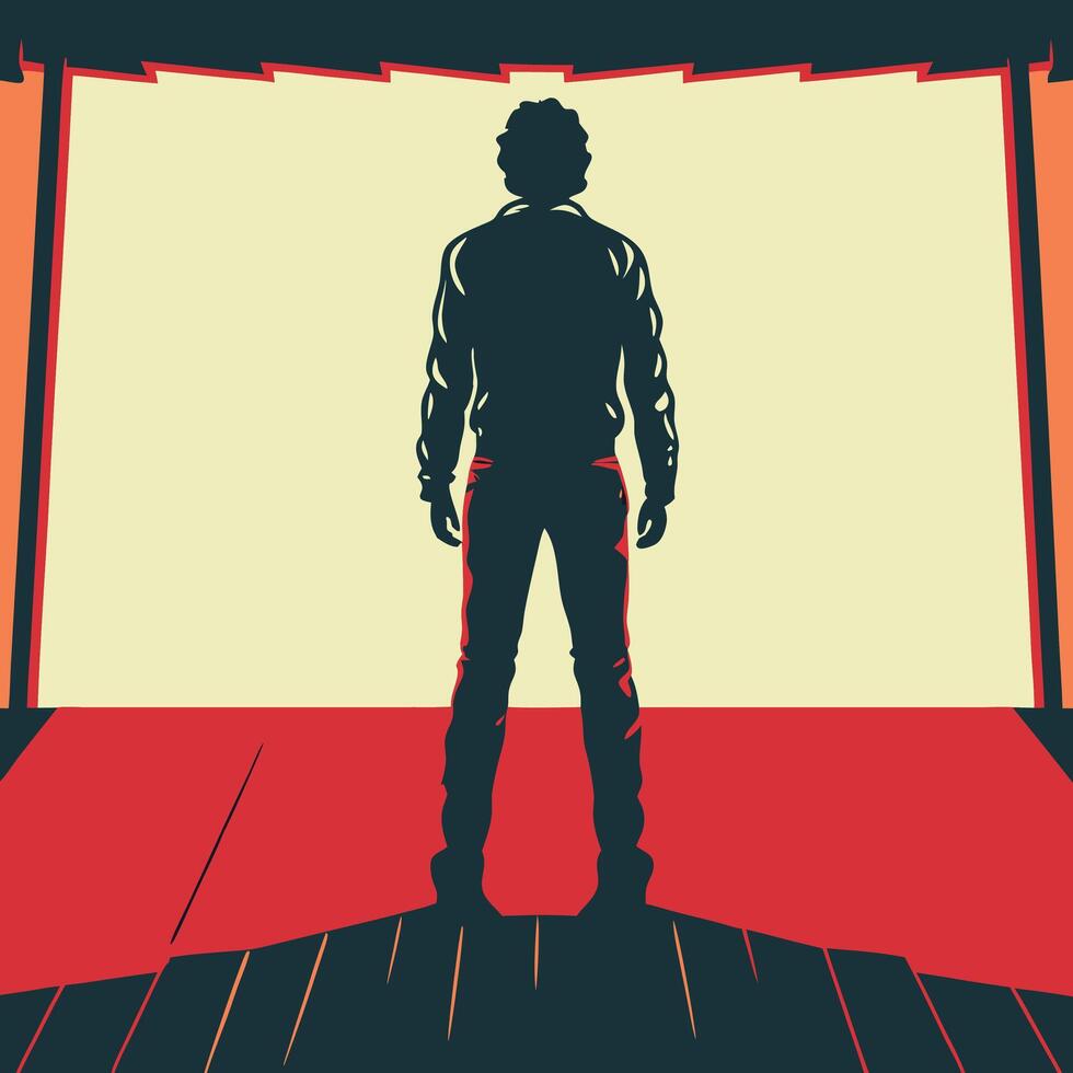 Silhouette, Standing, Rear View, Room, Doorway, Jacket, Pants, Shadow, Red, Abstract vector