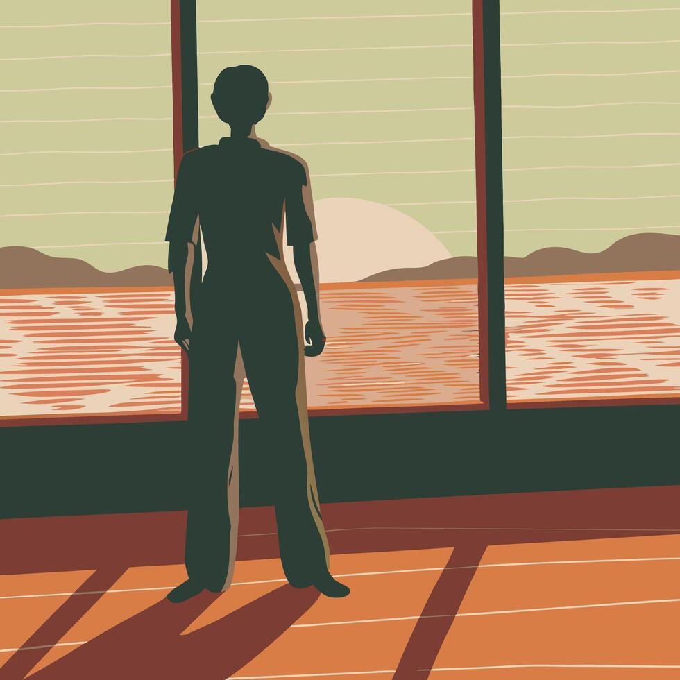 Silhouette of Person Gazing at Ocean Sunset vector
