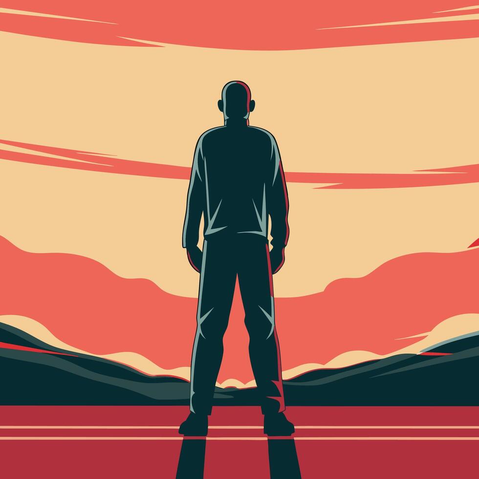 Silhouette of a Man Contemplating a Sunset Landscape vector