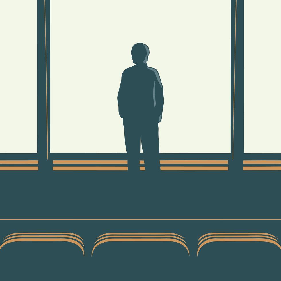 Silhouette, Window, View, Standing, Room, Interior, Person, Empty, Seats, Light, Solitude, Observation, Contemplation vector