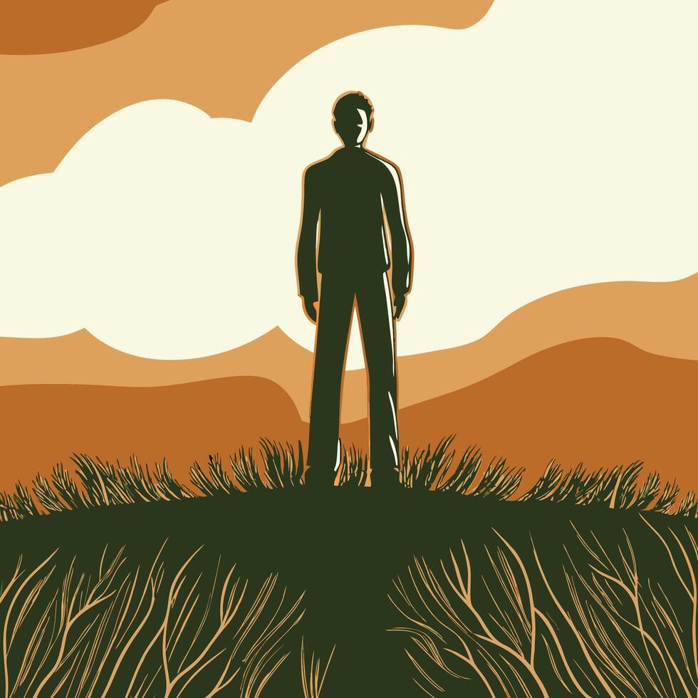 Silhouette of a Person on a Hilltop at Sunset vector