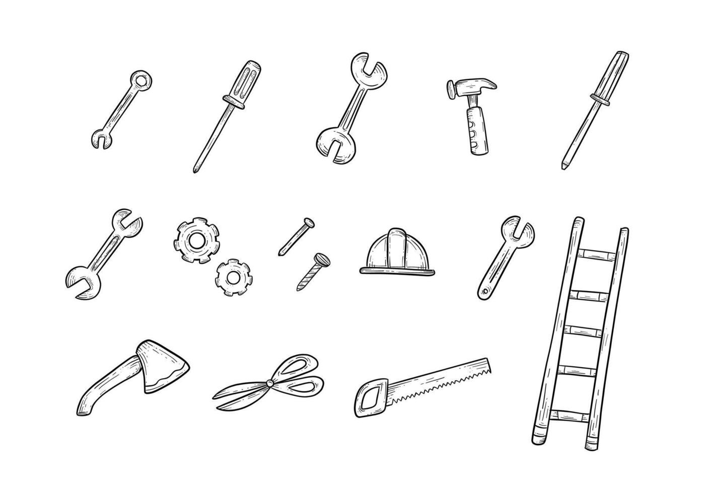 Set doodle hand drawn engineer and builder hardware tools sketch include axe, hammer, screwdriver, wrench, bolt, screw, nail, saw, helmet, ladder, gears, and scissors vector