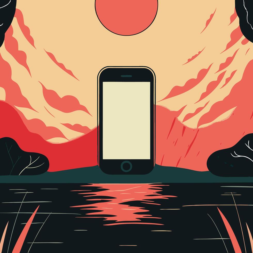 Mobile Device by Still Water at Sunset vector