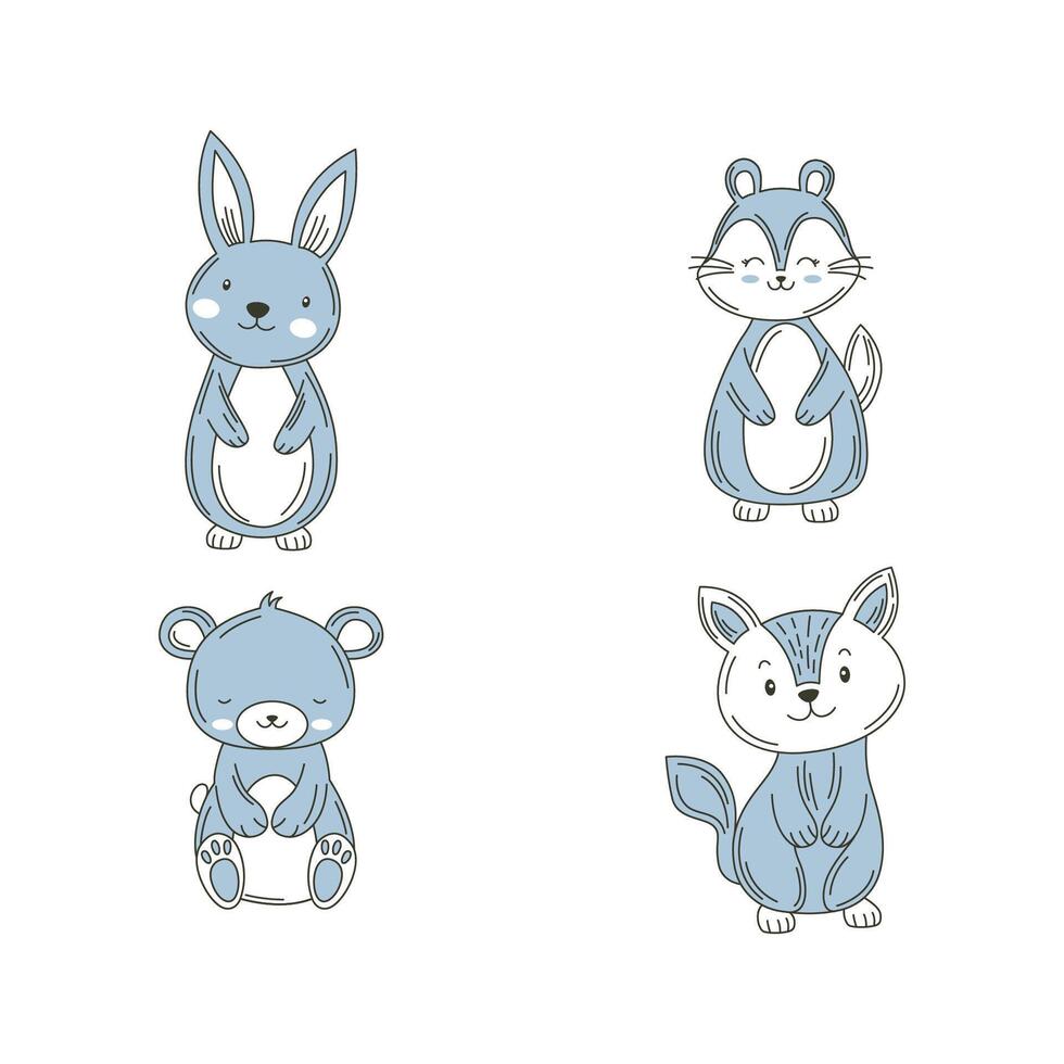 Set of Cute Blue Rabbit Fox Bear Squirrel Chipmunk Animal Cartoon Character Vignetting vector