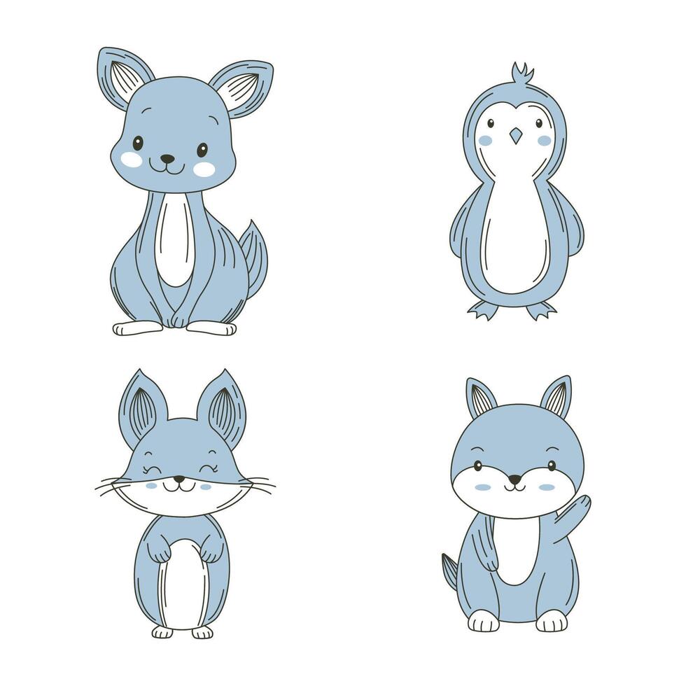 Set of Cute Blue Kangaroo Penguin Fox Animal Cartoon Character Vignetting vector