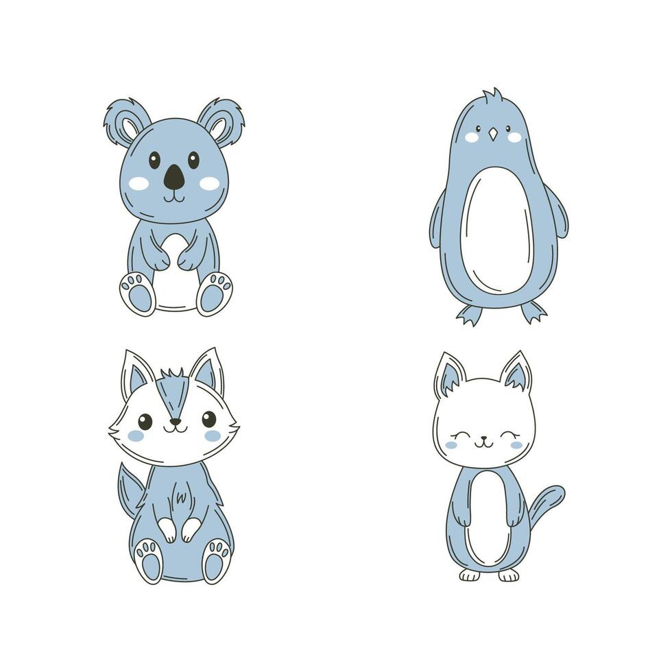 Set of Cute Blue Koala Penguin Fox Animal Cartoon Character Vignetting vector