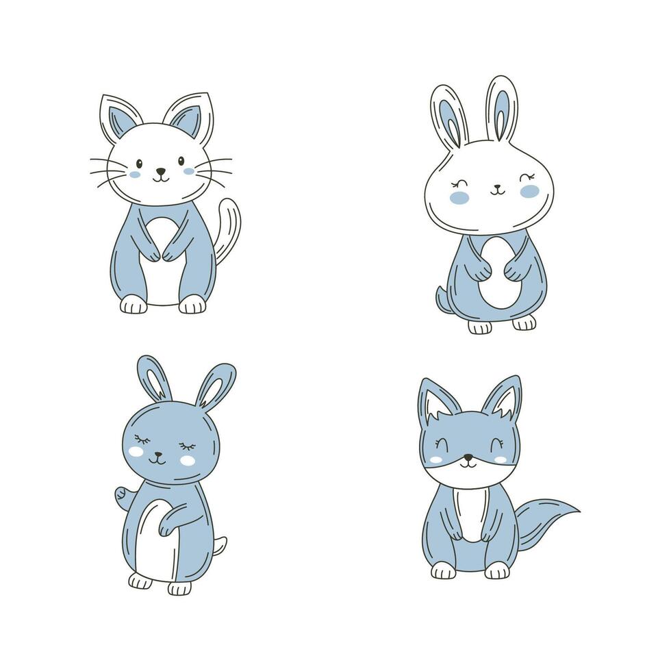 Set of Cute Blue Rabbit Fox Animal Cartoon Character Vignetting vector