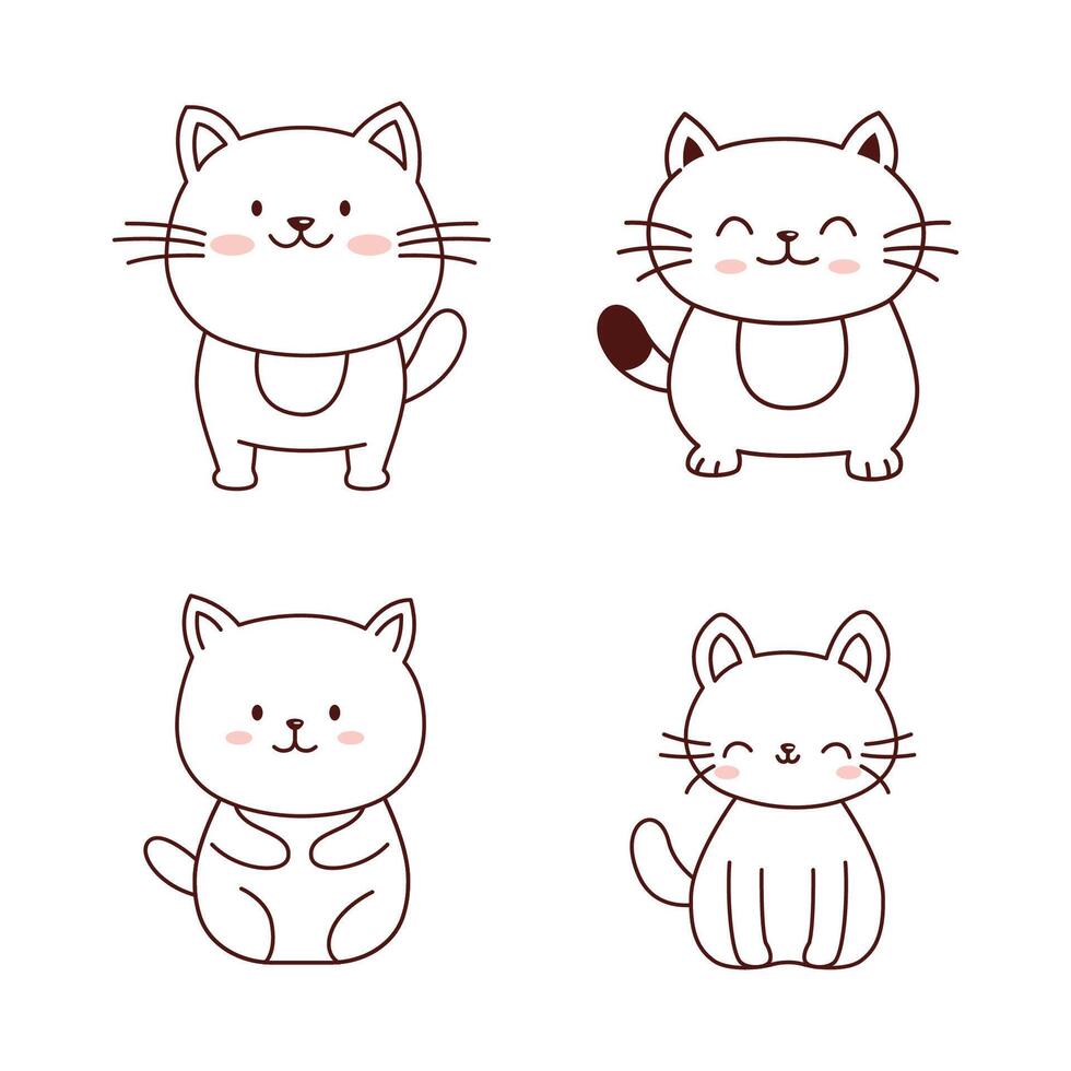Set of Cute Cat Animal Doodle Cartoon Character in Line Art Design vector
