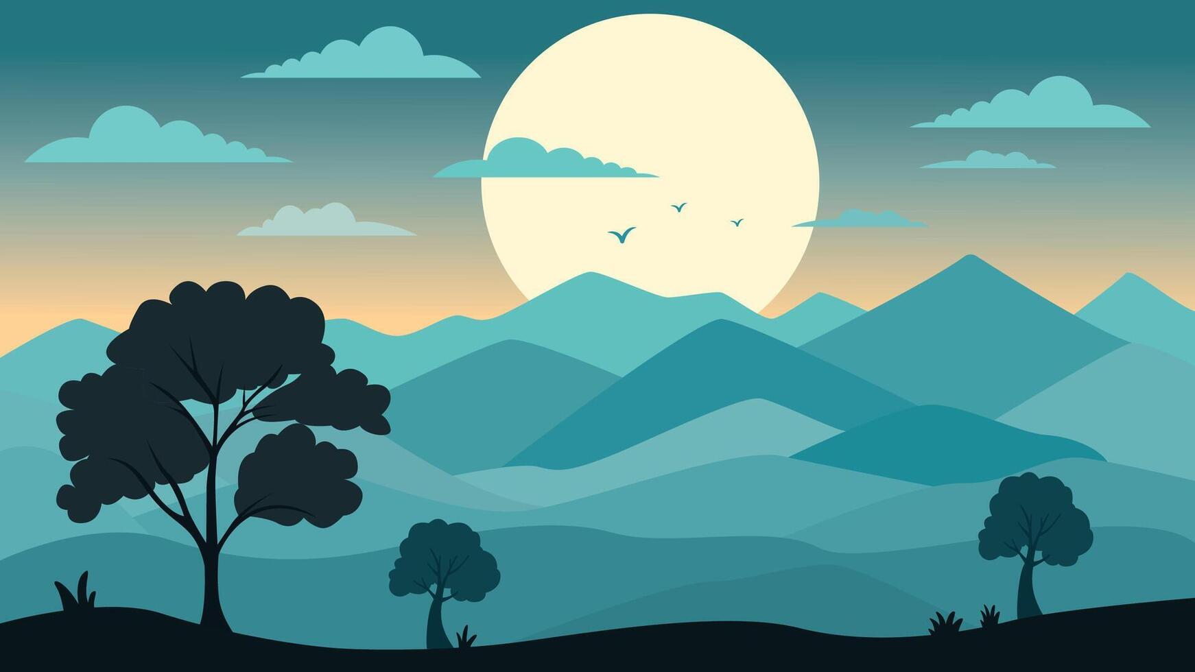 Beautiful Mountains Nature Landscape with Trees in Forest at Sunrise Sunset vector